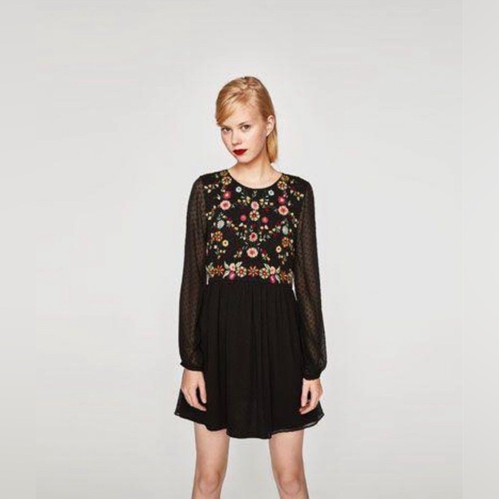 Zara Black Mesh Sleeves Embroidered dress Size XS